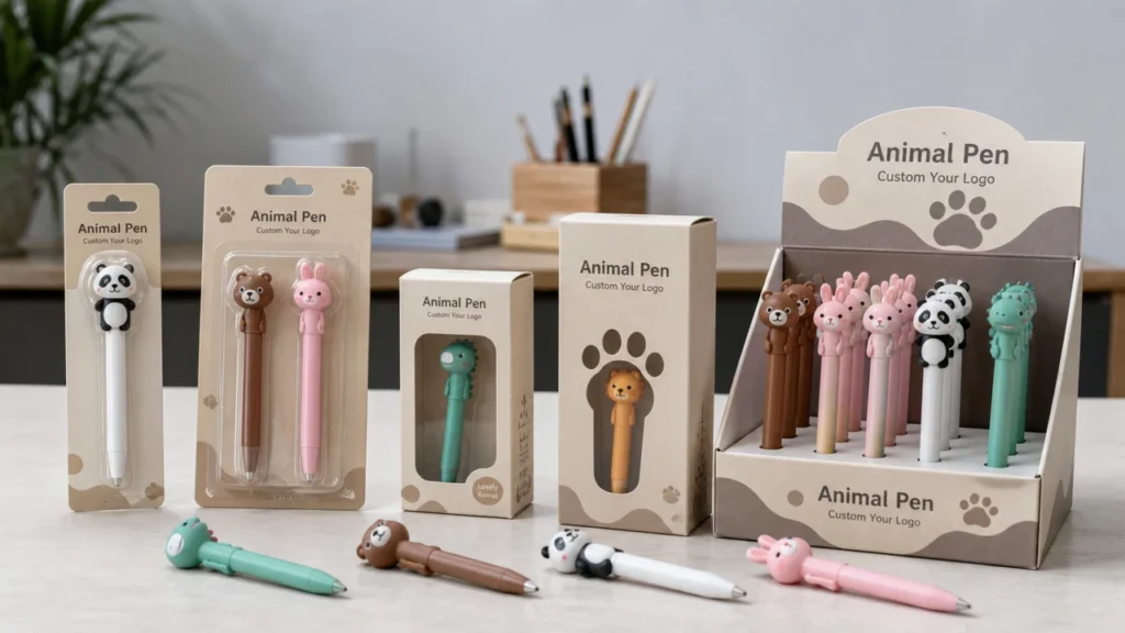 Animal-shaped pen packaging formats for retail card window box and display box