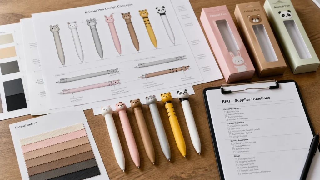 Animal-shaped pen RFQ supplier questions with design files and material samples