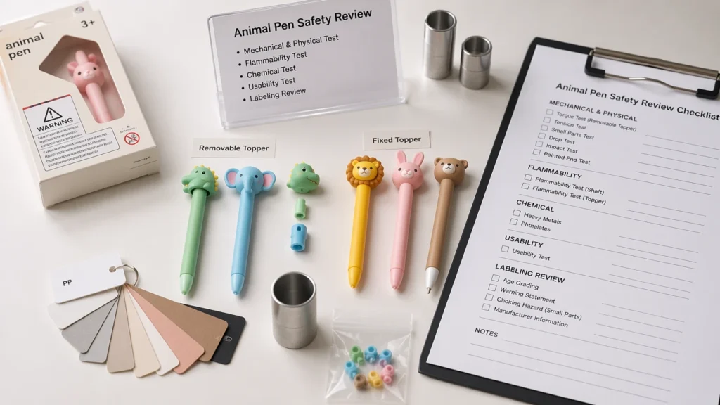 Animal-shaped pen safety checklist with small parts and material review
