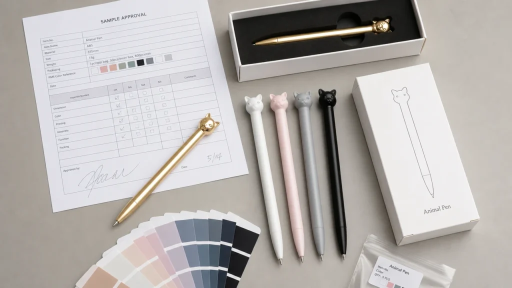 Animal-shaped pen sample approval with golden sample and inspection checklist