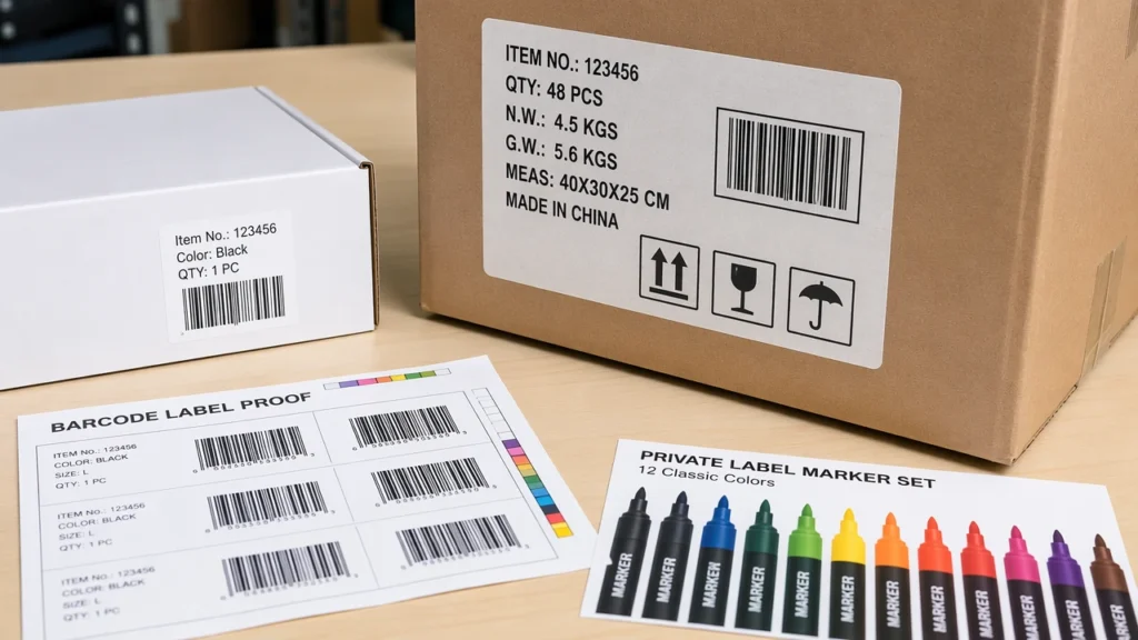 Barcode label and export carton marking sample check for marker order