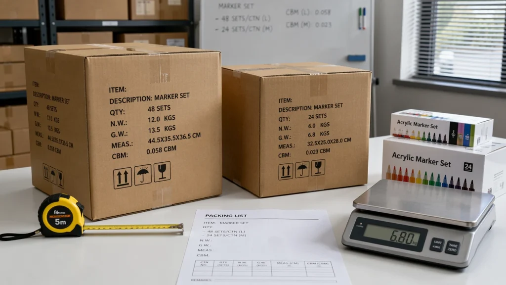 Carton size CBM and gross weight comparison for marker set shipping
