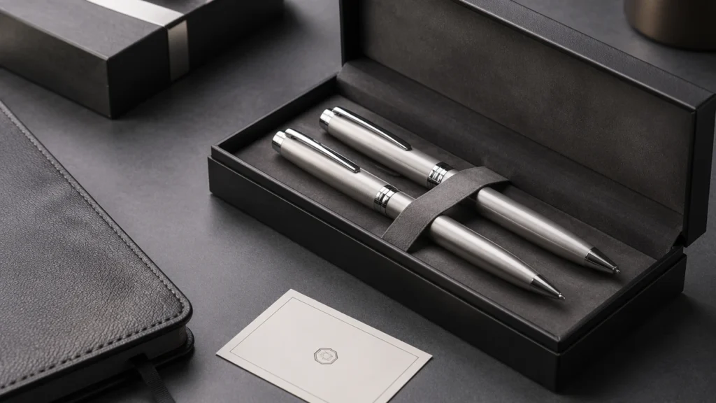 Premium corporate gift pen set with metal pens and branded gift box