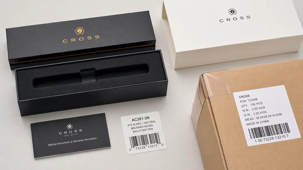 Corporate pen gift box components with insert sleeve and carton label details