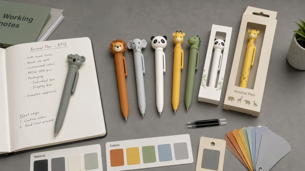 Custom animal-shaped pen samples with RFQ notes and packaging mockups