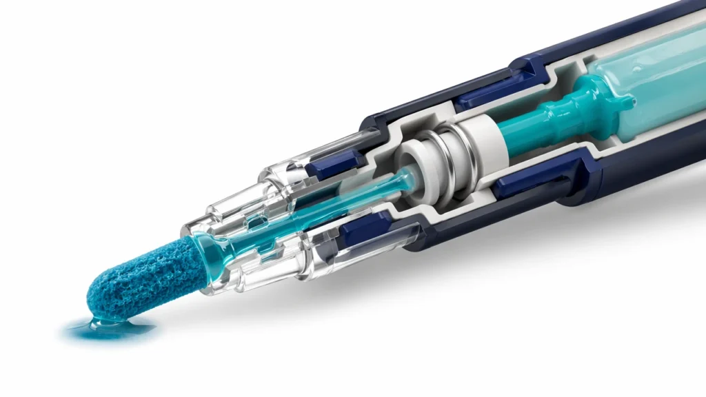 Cutaway view of acrylic paint marker nib with internal valve-press ink flow mechanism