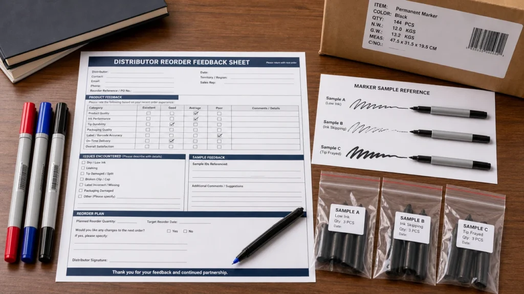 Distributor reorder feedback sheet for marker quality complaints