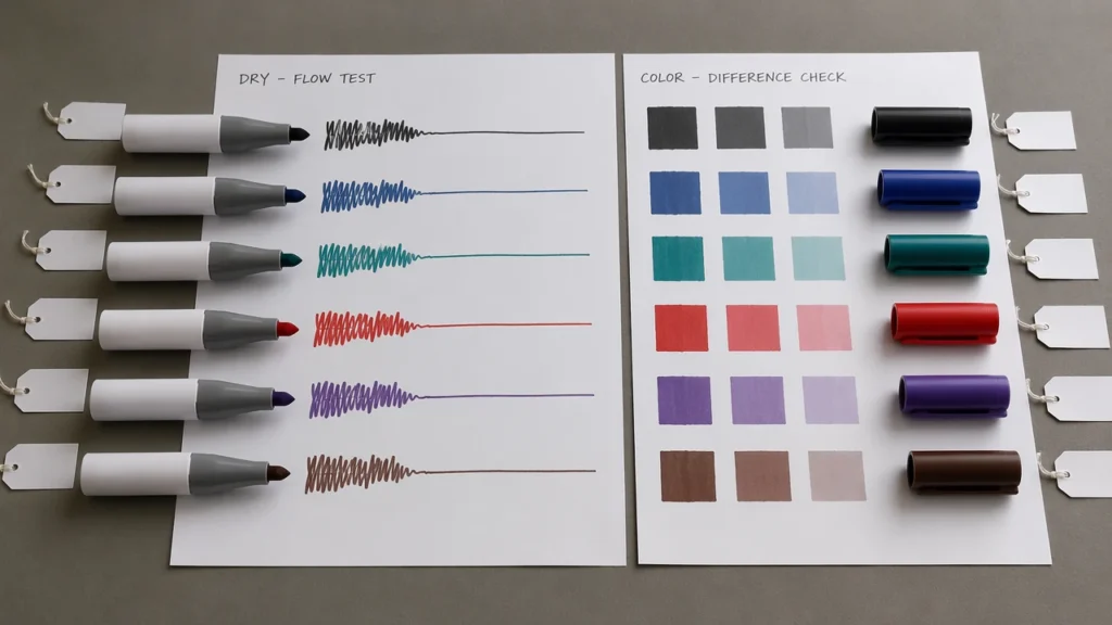 Dry marker and color difference samples compared on neutral test paper