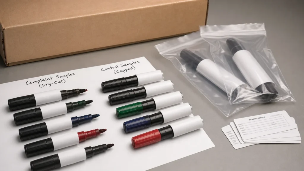 Dry-out complaint marker samples with caps and retained sample labels