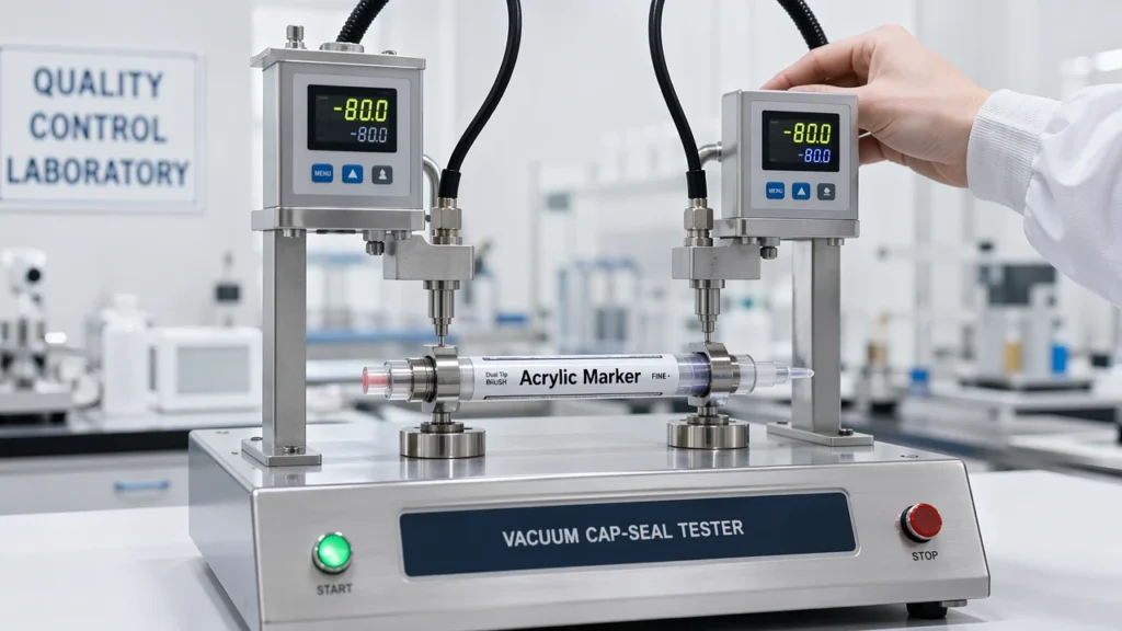 Dual tip acrylic marker cap seal vacuum QC testing