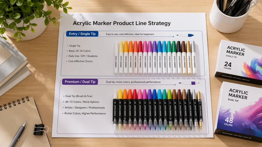 Dual tip single tip acrylic marker product line strategy
