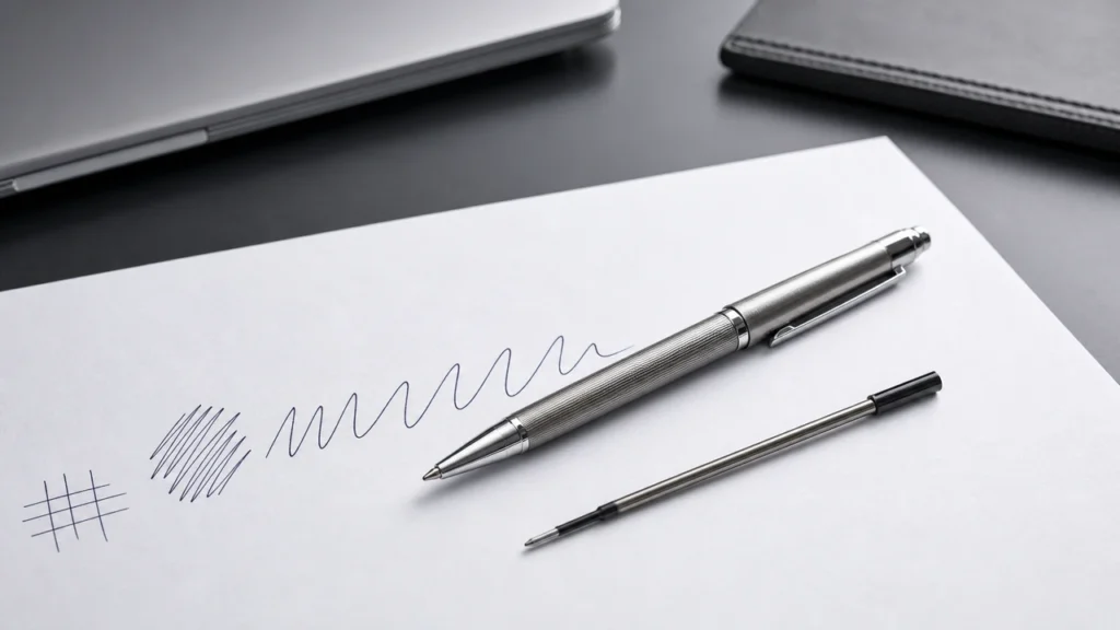 Premium metal pen refill writing test on clean office paper