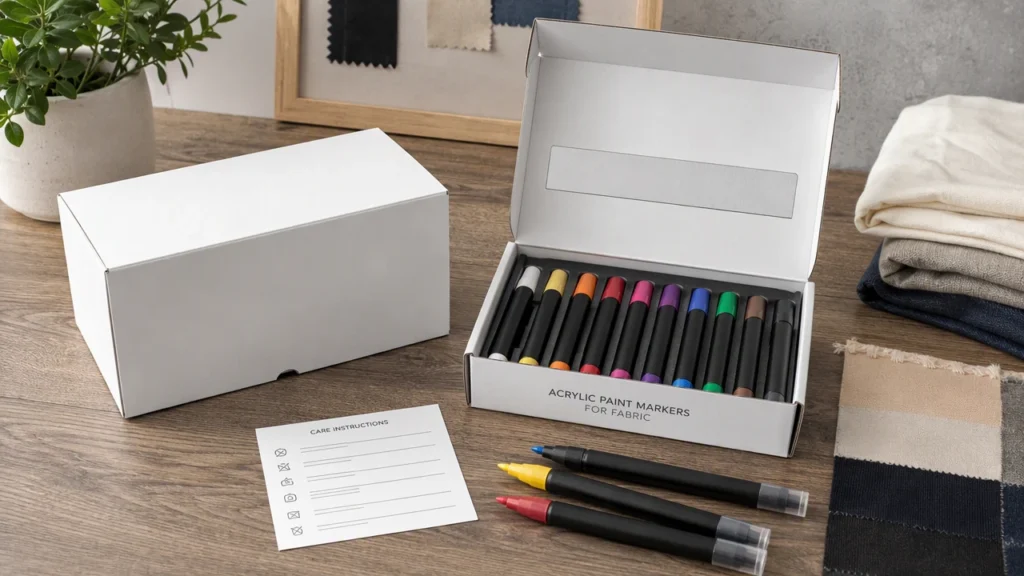 Fabric marker packaging with care instruction card and compliance review