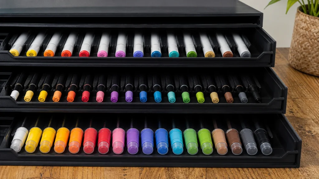 Horizontal marker storage tray with caps sealed on both ends