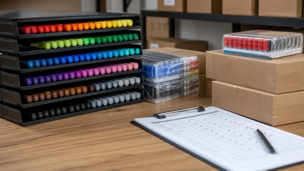 Markers stored horizontally with sealed caps to prevent dry-out