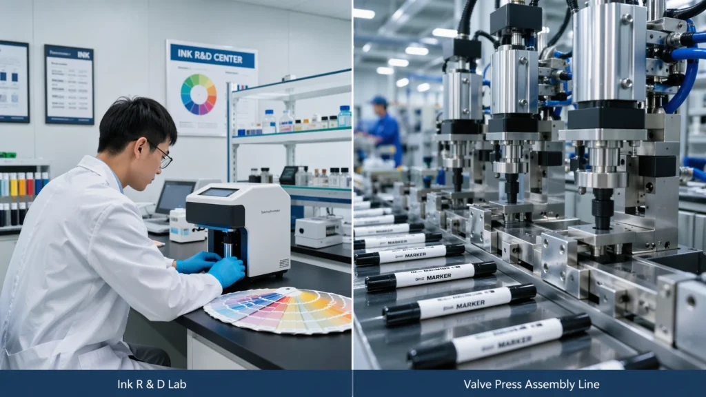 Ink R and D lab and valve press assembly line