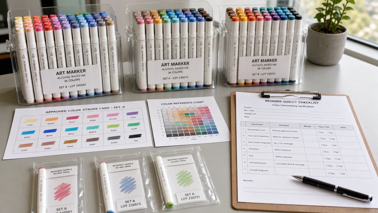Marker color consistency master samples and reorder QC records on a clean desk