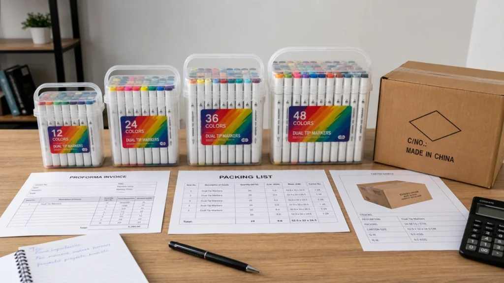 Marker sets and shipping documents for Latin America stationery importers