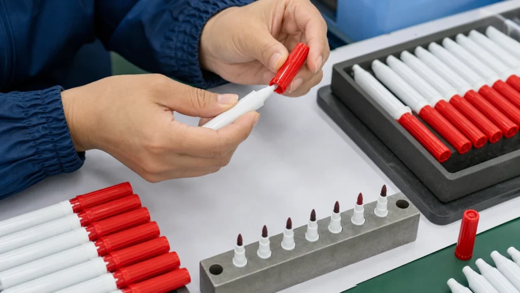 Marker cap seal and nib fit QC check for dry-out prevention