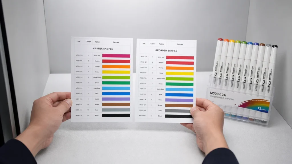 Marker color samples checked under controlled lighting conditions