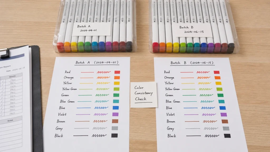Marker sets compared with approved color swatches for reorder color consistency