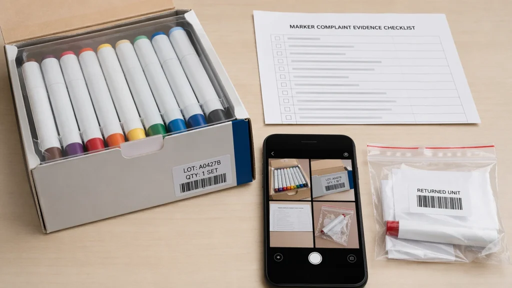 Customer complaint response and corrective action form for marker distributor