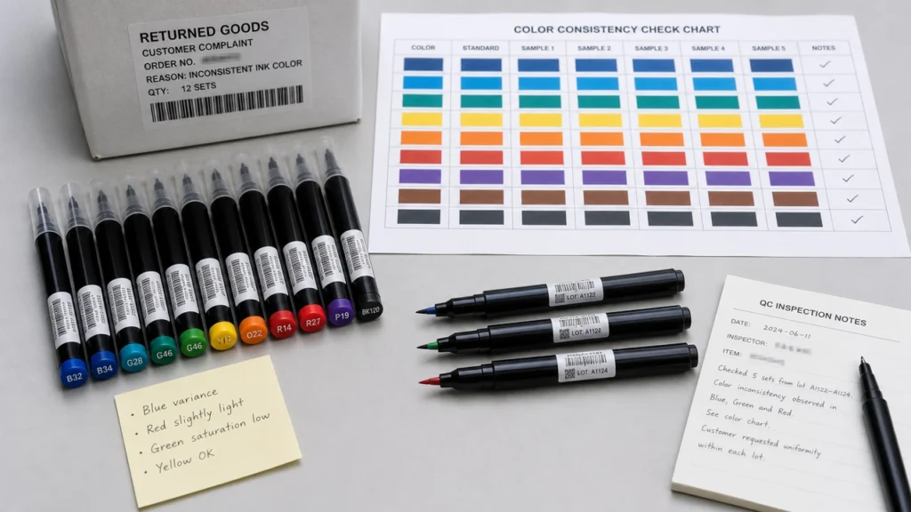 Marker complaint handling scene with returned samples color chart and QC notes