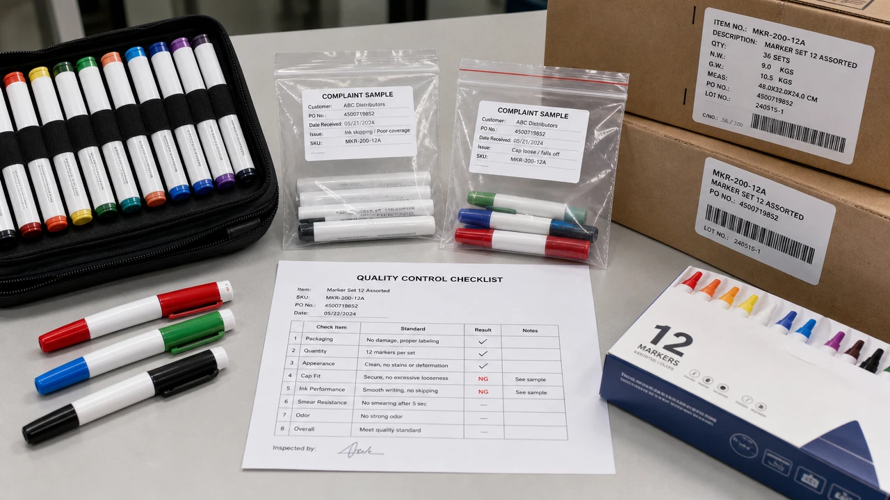 Distributor marker dry-out complaint samples and QC checklist on a clean desk