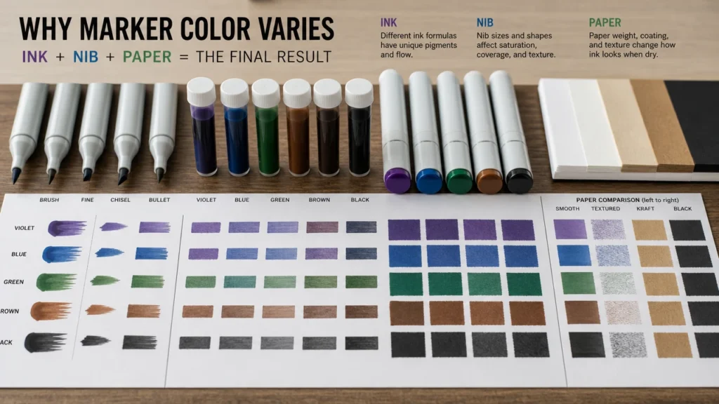 Marker ink nib and paper comparison for reorder color control