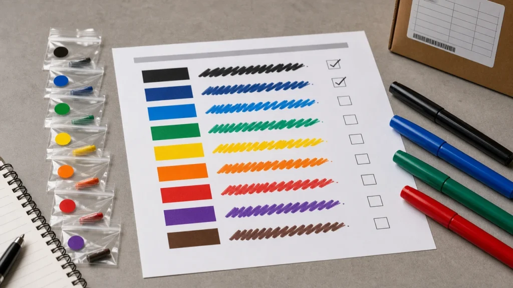 Approved marker master sample with real stroke cards and color standard labels