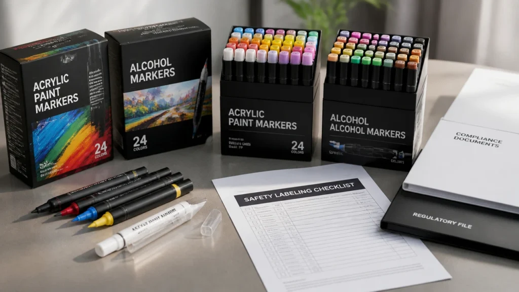 Marker packaging safety labeling review for acrylic and alcohol marker sets
