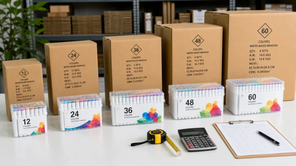 12 24 36 48 and 60 color marker sets beside shipping cartons