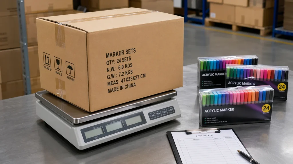 Marker set master carton on digital scale for gross weight check
