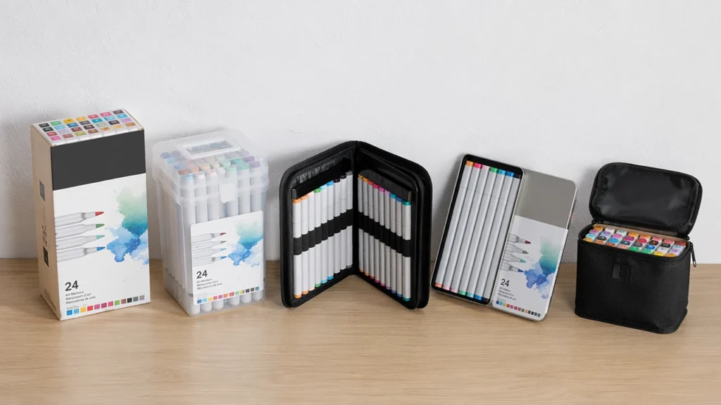 Retail marker set packaging formats lined up for carton planning