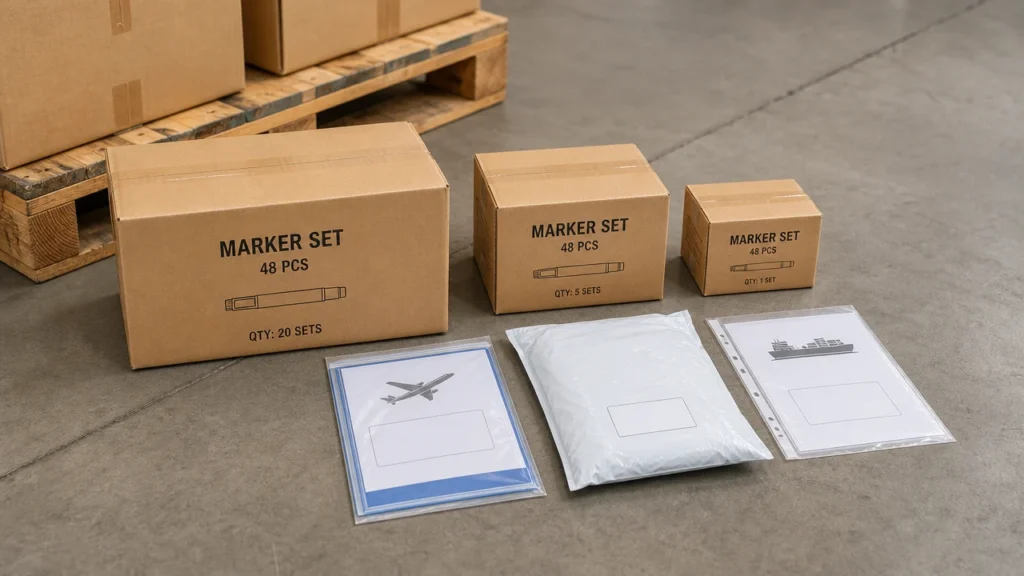 Marker set cartons prepared for air express and sea freight comparison
