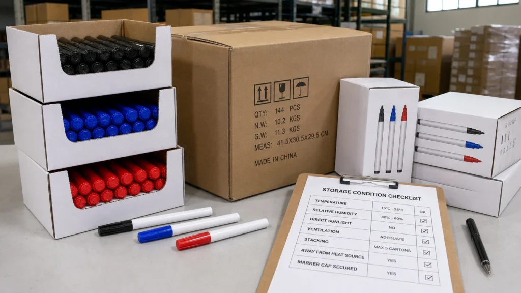 Marker carton storage and packaging pressure check for dry-out risk control