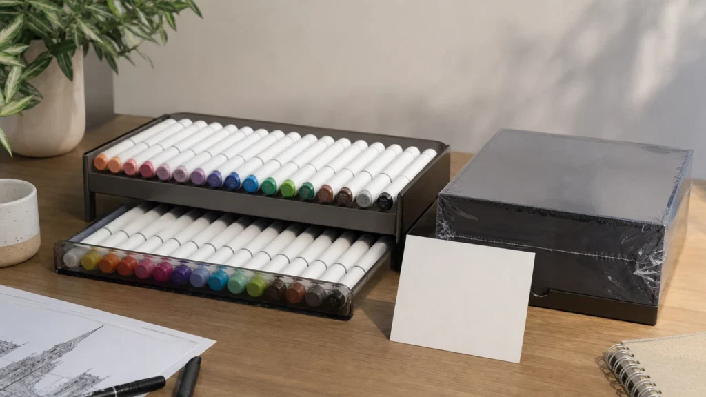 Marker storage setup for preventing dry tips and dry-out complaints