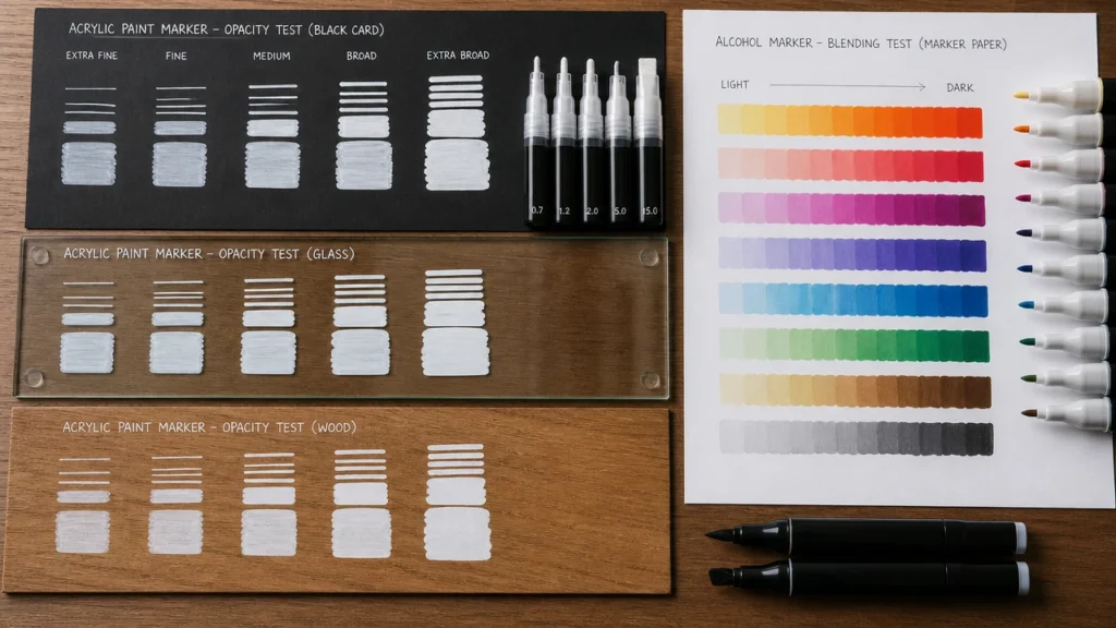Surface opacity and blending test for acrylic and alcohol markers