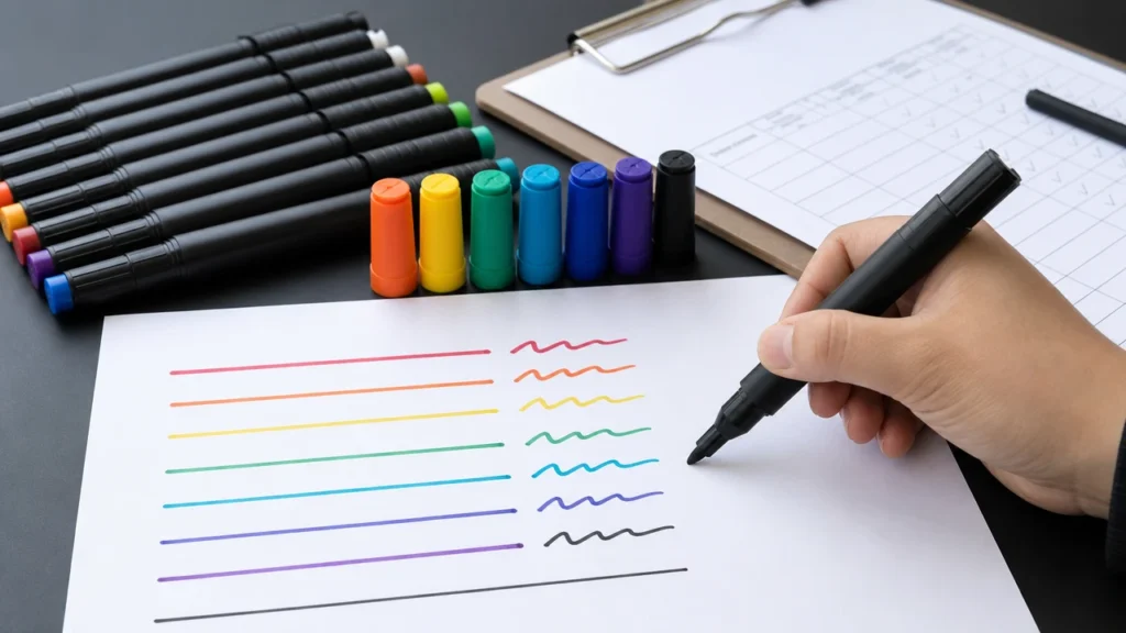Finished marker writing test before shipment for dry-out complaint prevention