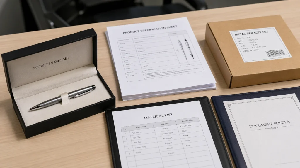 Corporate gift pen RFQ sheet with supplier answer checklist