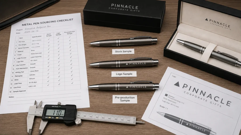 Metal pen samples reviewed with a corporate gift sourcing checklist