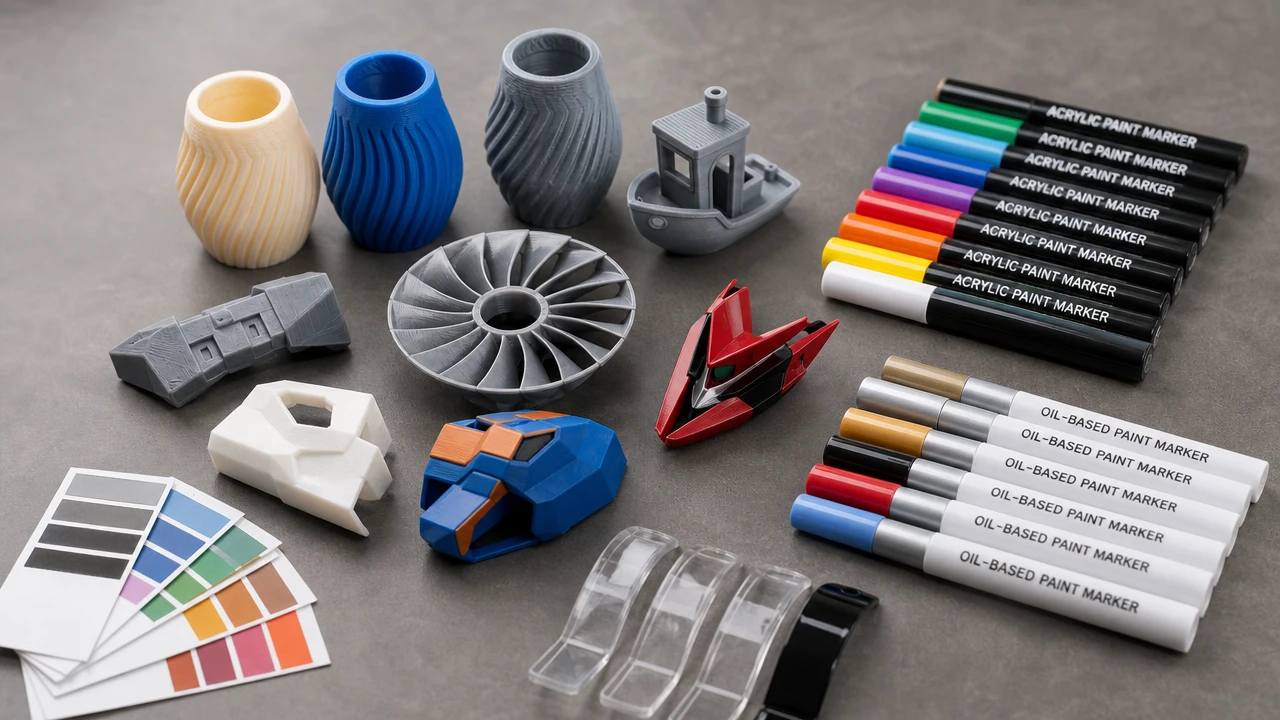 Paint markers for 3D prints with acrylic and oil-based sample parts
