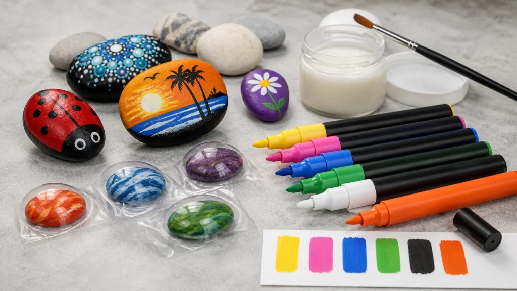 Paint pens for rocks with sealed stone craft samples