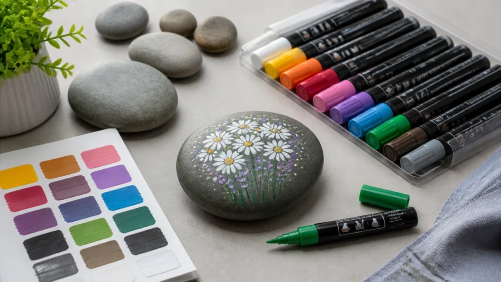 Rock painting setup with acrylic paint pens and smooth stones
