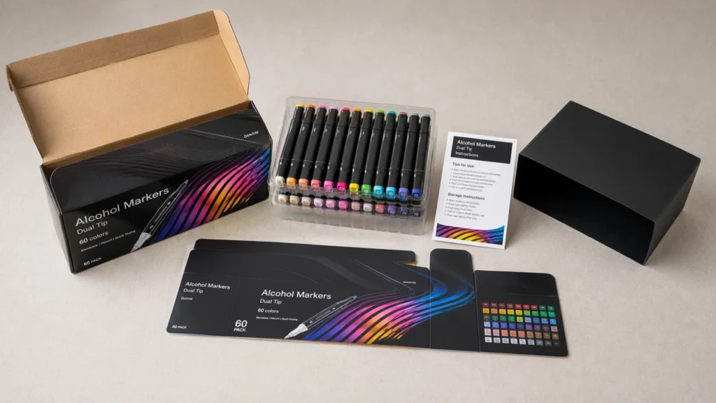 Private label marker packaging sample review with retail box tray and instruction card