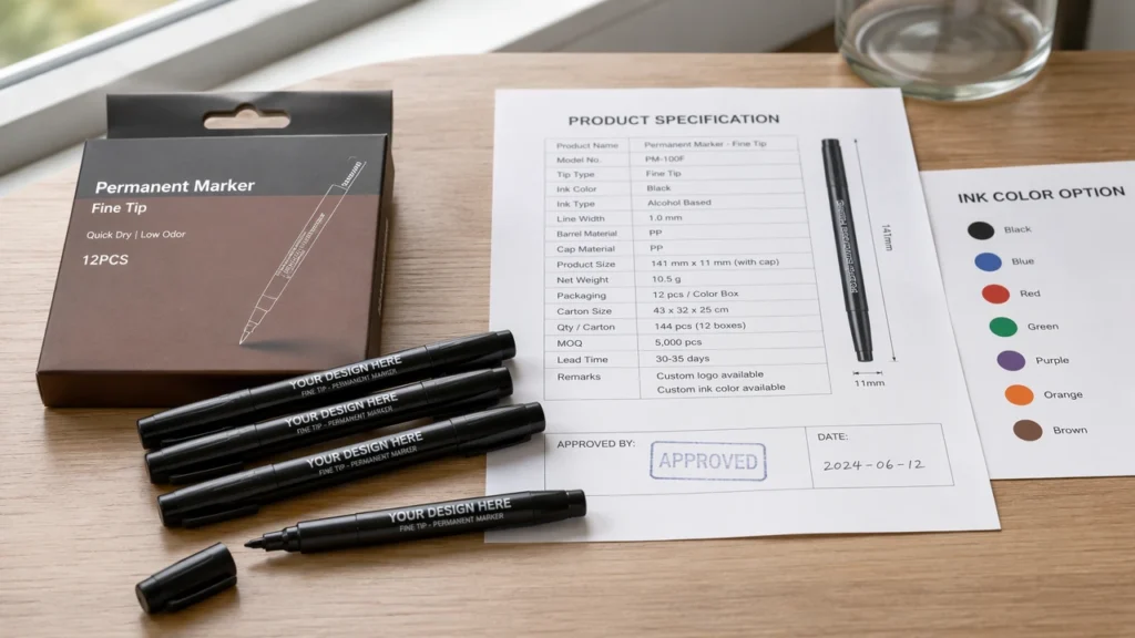 Private label marker order sample approval scene with packaging and specification sheet