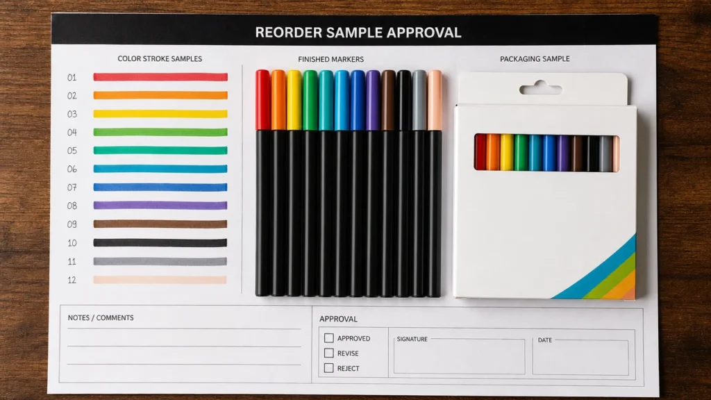 Reorder sample approval board with marker color strokes and packaging sample