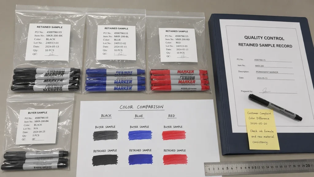 Retained marker samples with lot tracing labels and color comparison swatches
