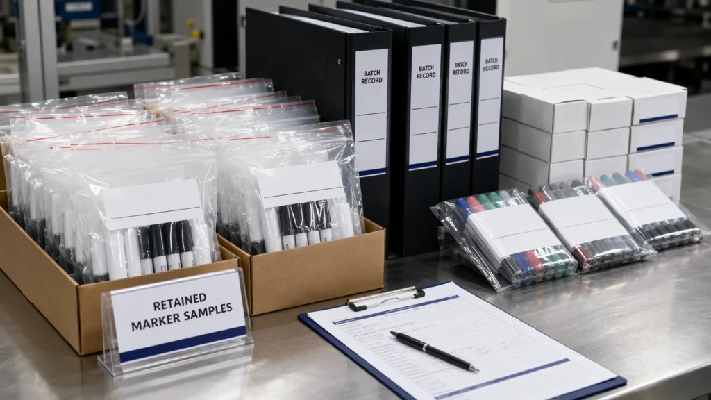  Retained marker samples with batch labels and production records for reorder traceability
