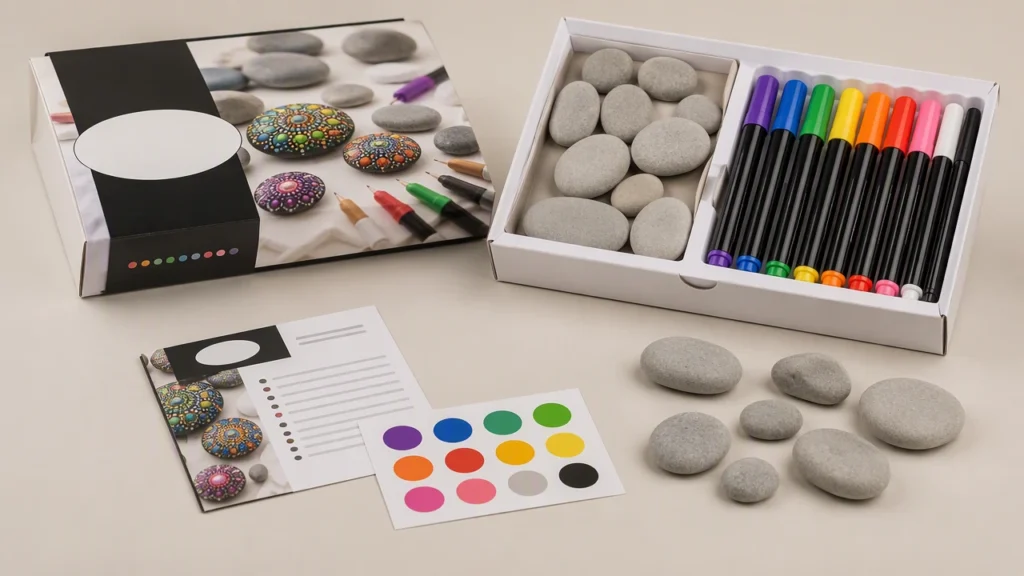 Rock painting kit packaging with instruction card and paint pens
